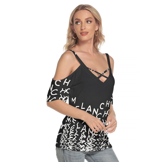 All-Over Print Women's Cold Shoulder T-shirt With Criss Cross Strips