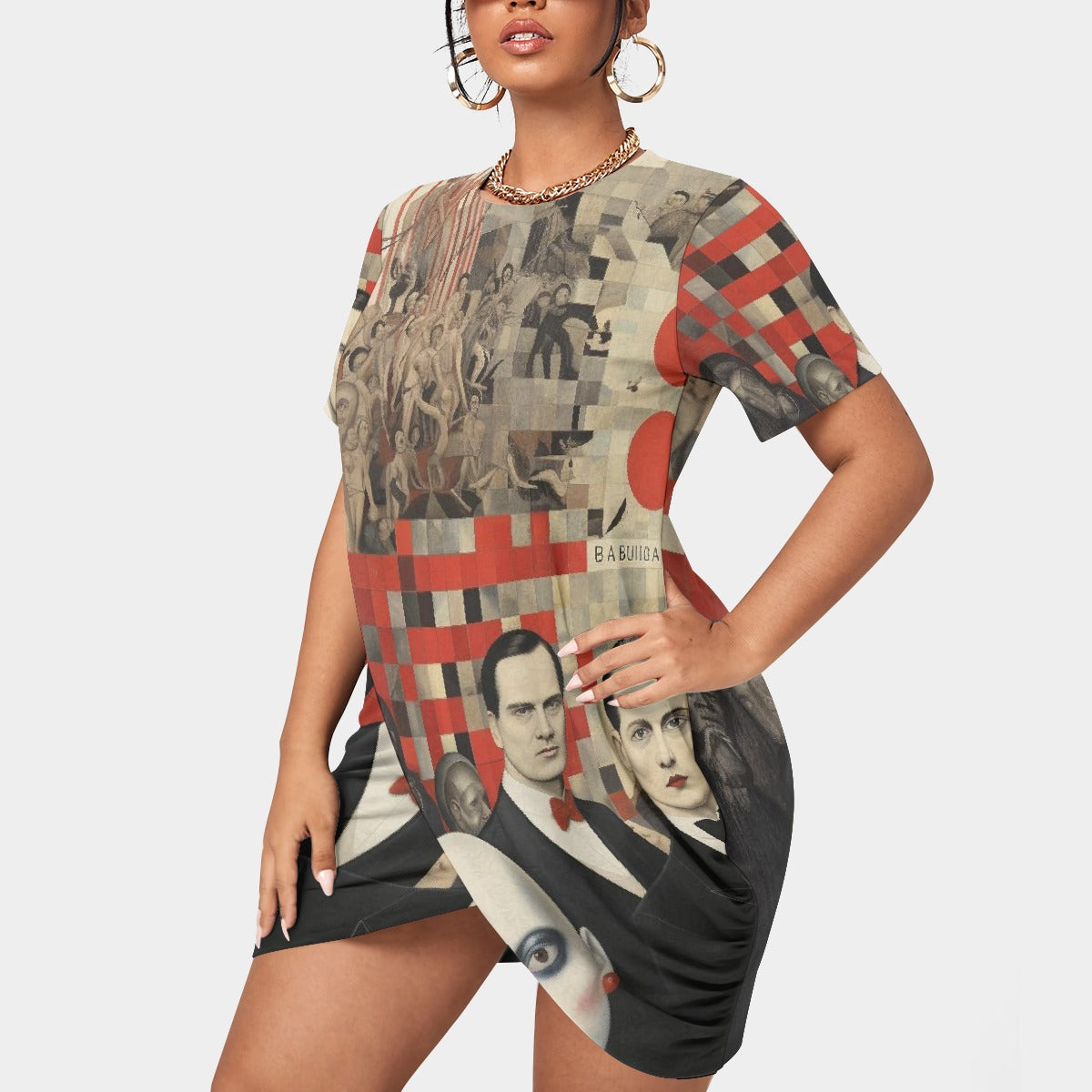 All-Over Print Women’s Stacked Hem Dress With Short Sleeve（Plus Size）