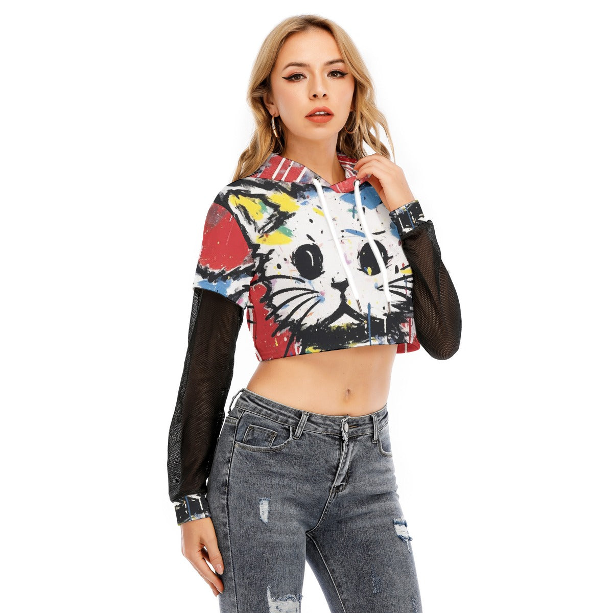 All-Over Print Women's Fake Two-piece Mesh Sleeve Cropped Hoodie