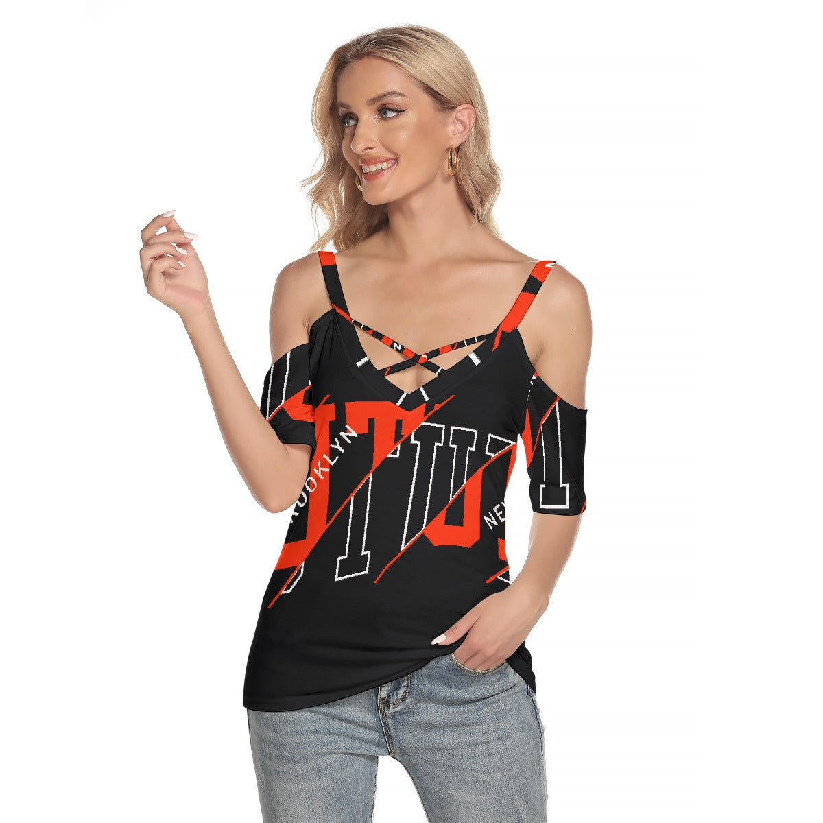 All-Over Print Women's Cold Shoulder T-shirt With Criss Cross Strips