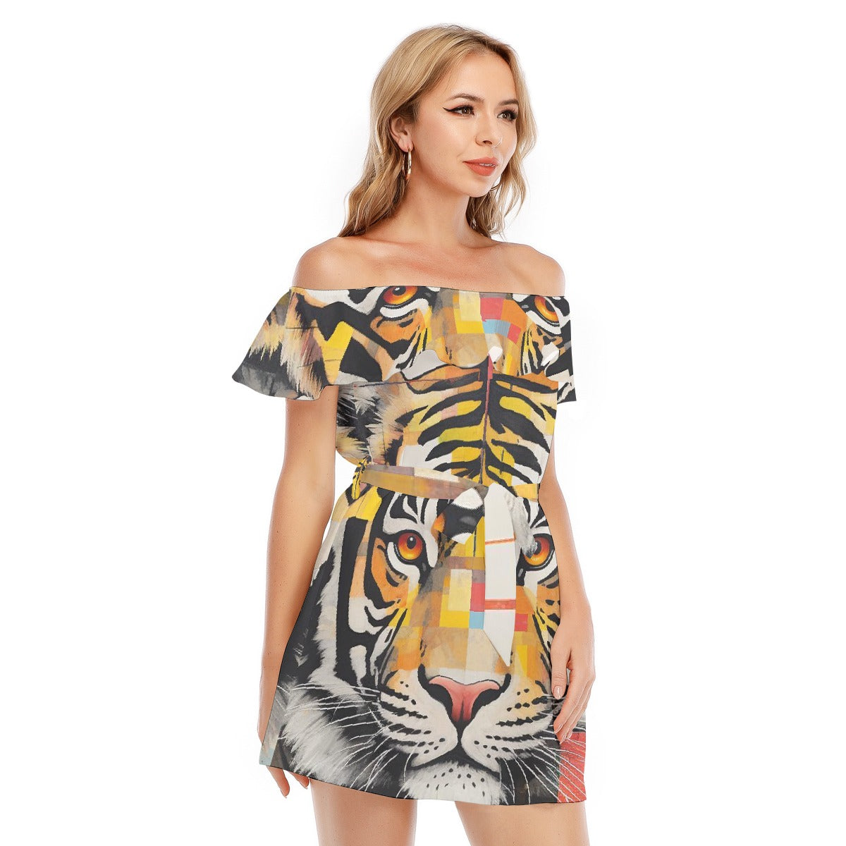 All-Over Print Women's Off-shoulder Dress With Ruffle