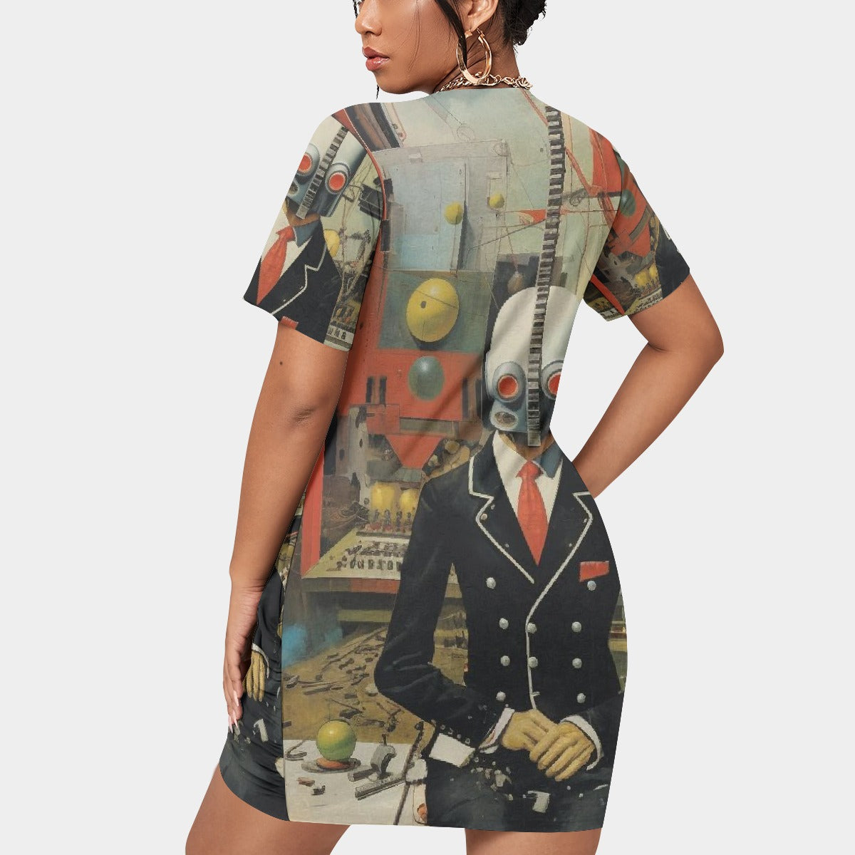 All-Over Print Women’s Stacked Hem Dress With Short Sleeve（Plus Size）