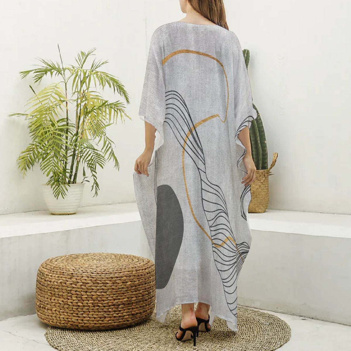 All-Over Print Women's Imitation Silk V-neck Kaftan Robe