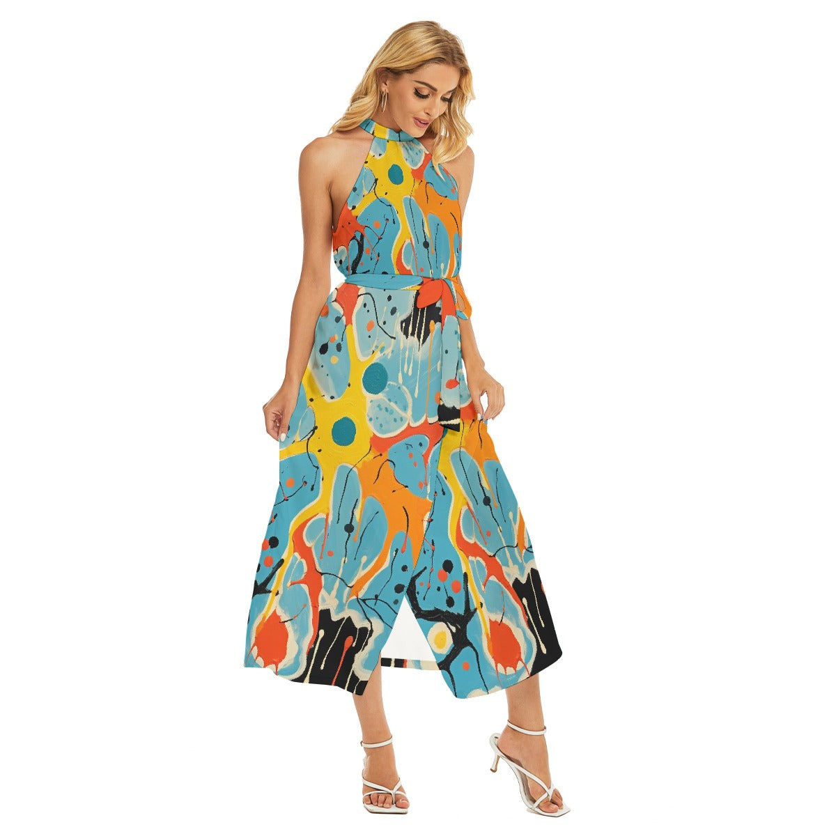 All-Over Print Women's Wrap Hem Belted Halter Dress