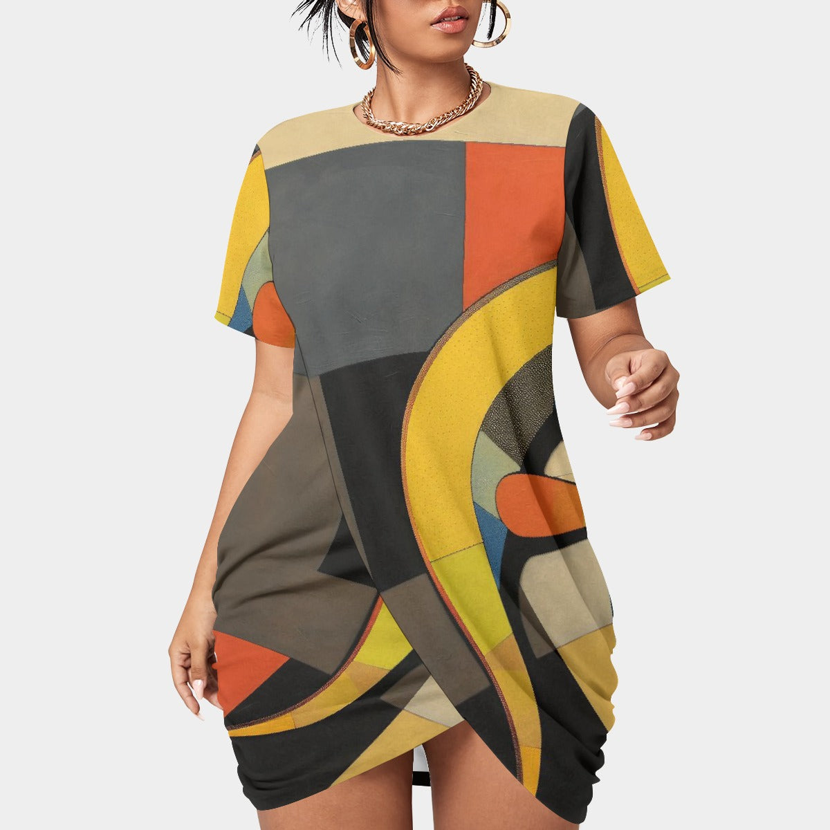 All-Over Print Women’s Stacked Hem Dress With Short Sleeve（Plus Size）