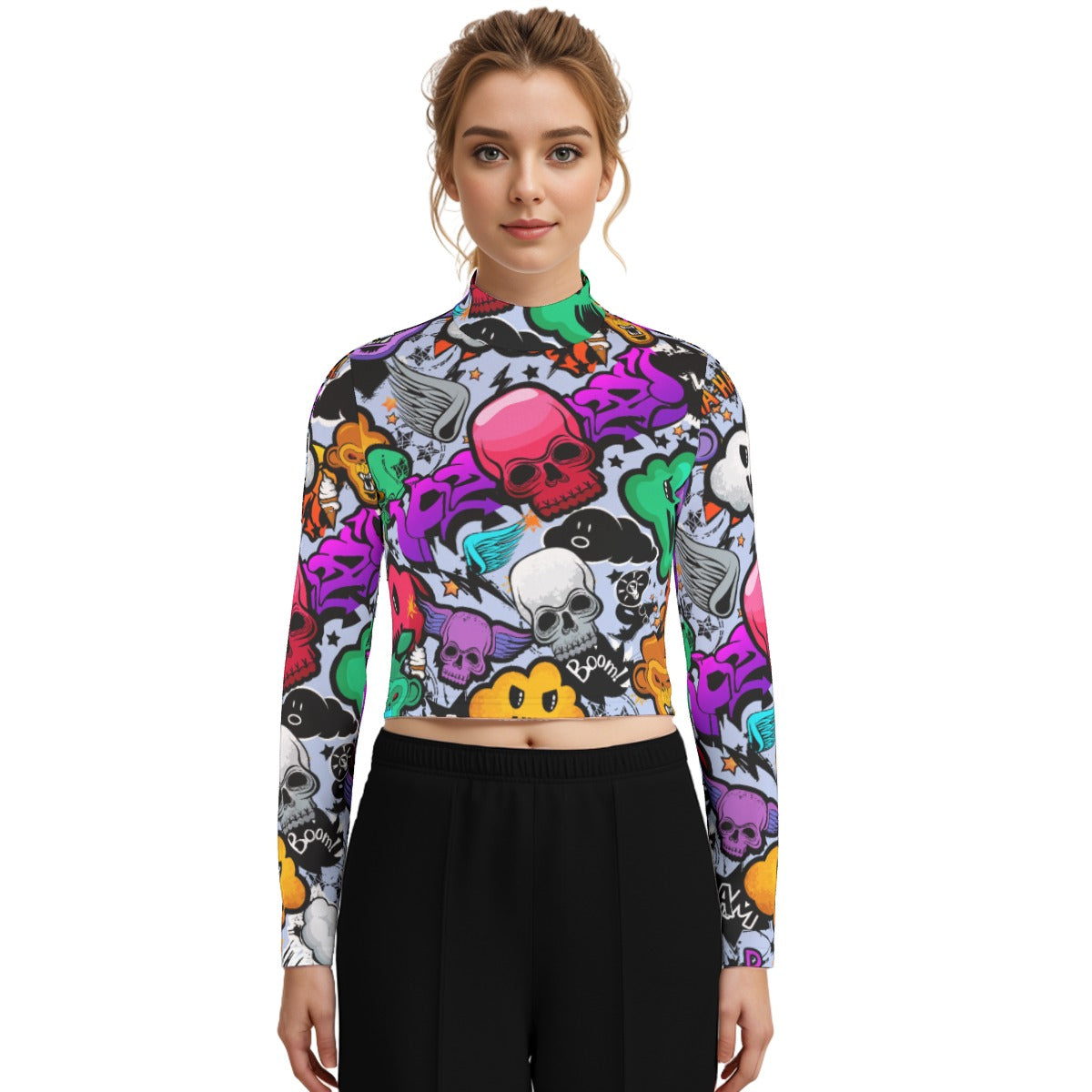 Eco-Friendly All-Over Print Women's Turtleneck T-shirt With Long Sleeve