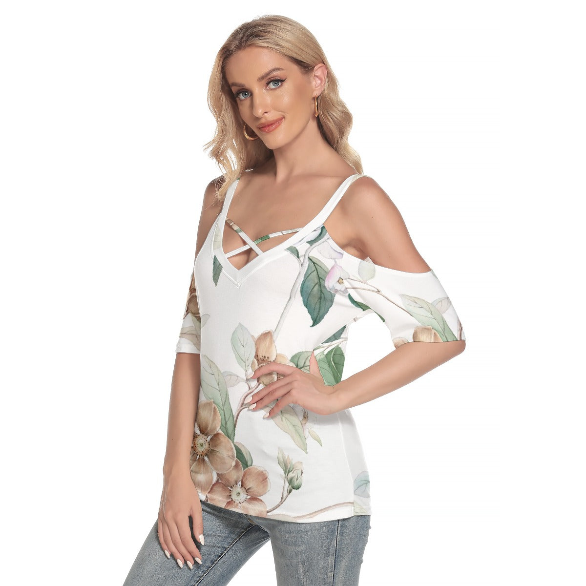 All-Over Print Women's Cold Shoulder T-shirt With Criss Cross Strips