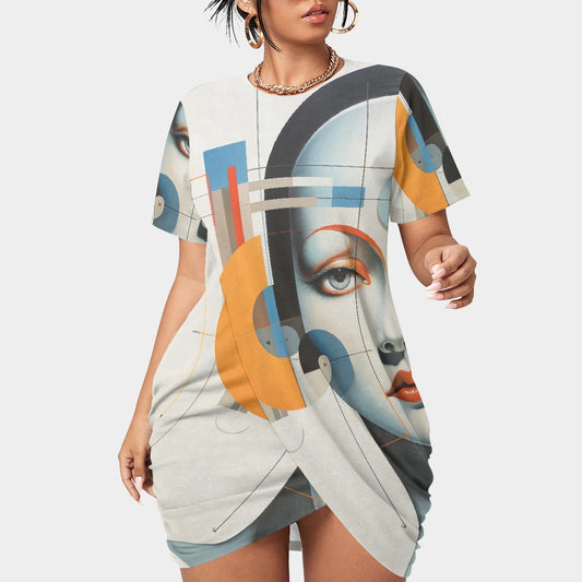 All-Over Print Women’s Stacked Hem Dress With Short Sleeve（Plus Size）