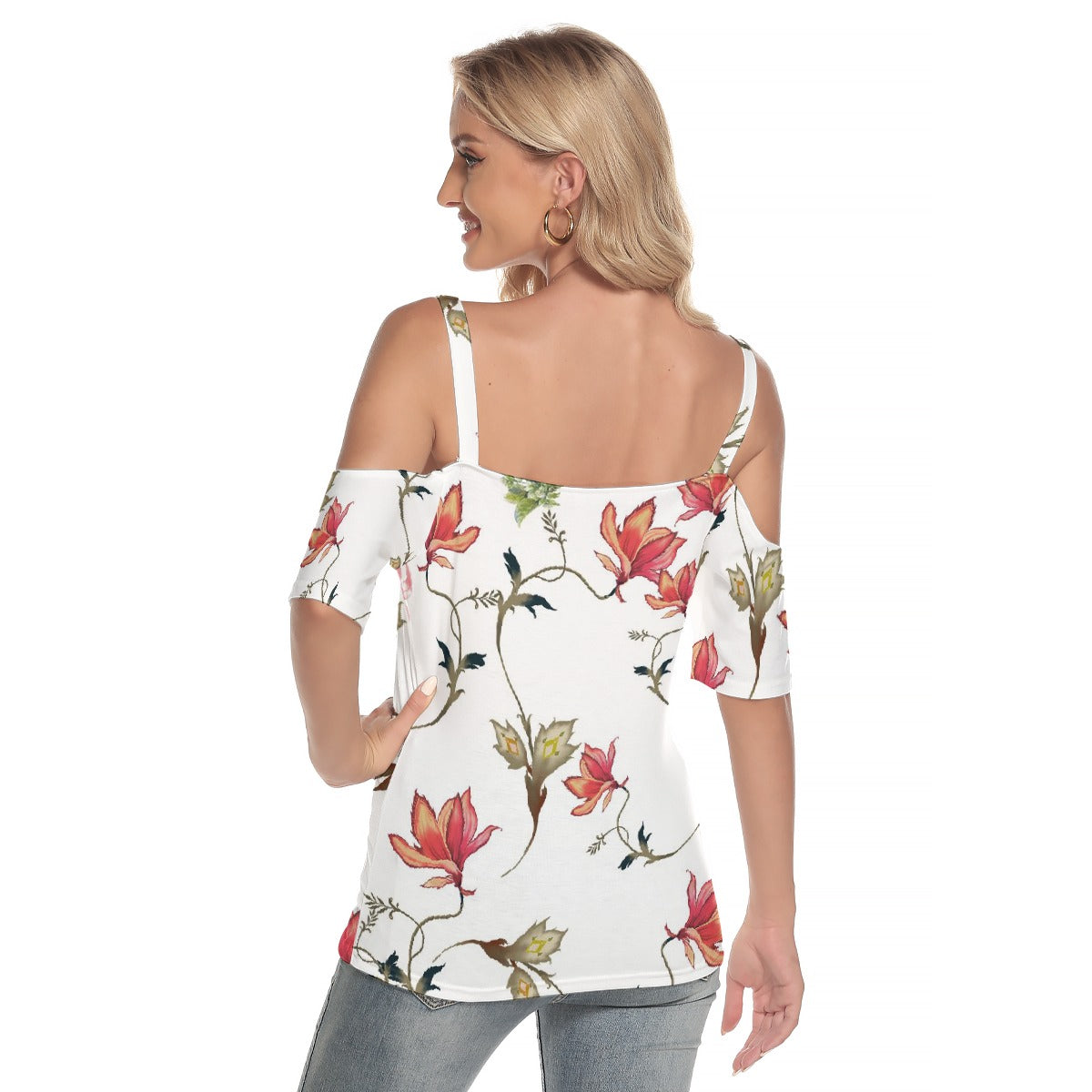 All-Over Print Women's Cold Shoulder T-shirt With Criss Cross Strips