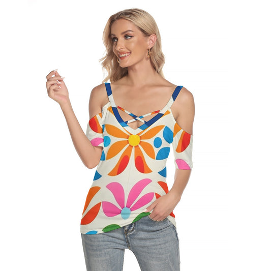 All-Over Print Women's Cold Shoulder T-shirt With Criss Cross Strips