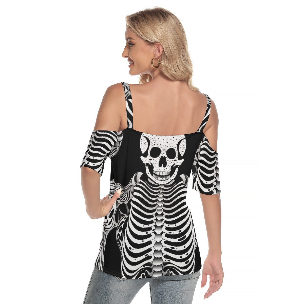 All-Over Print Women's Cold Shoulder T-shirt With Criss Cross Strips