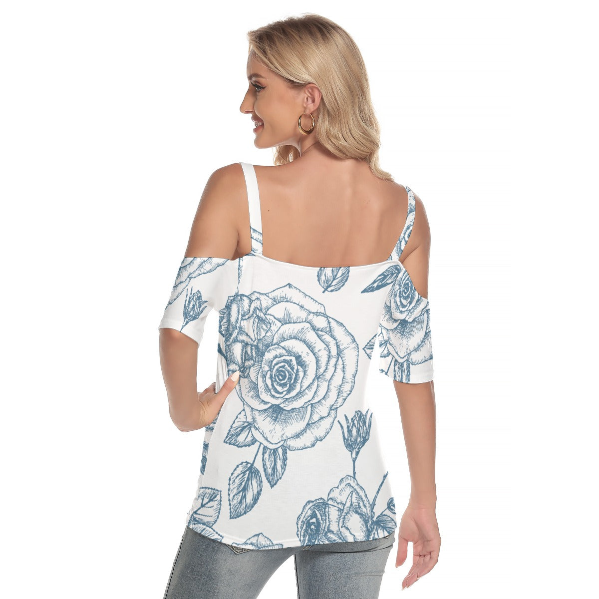 All-Over Print Women's Cold Shoulder T-shirt With Criss Cross Strips