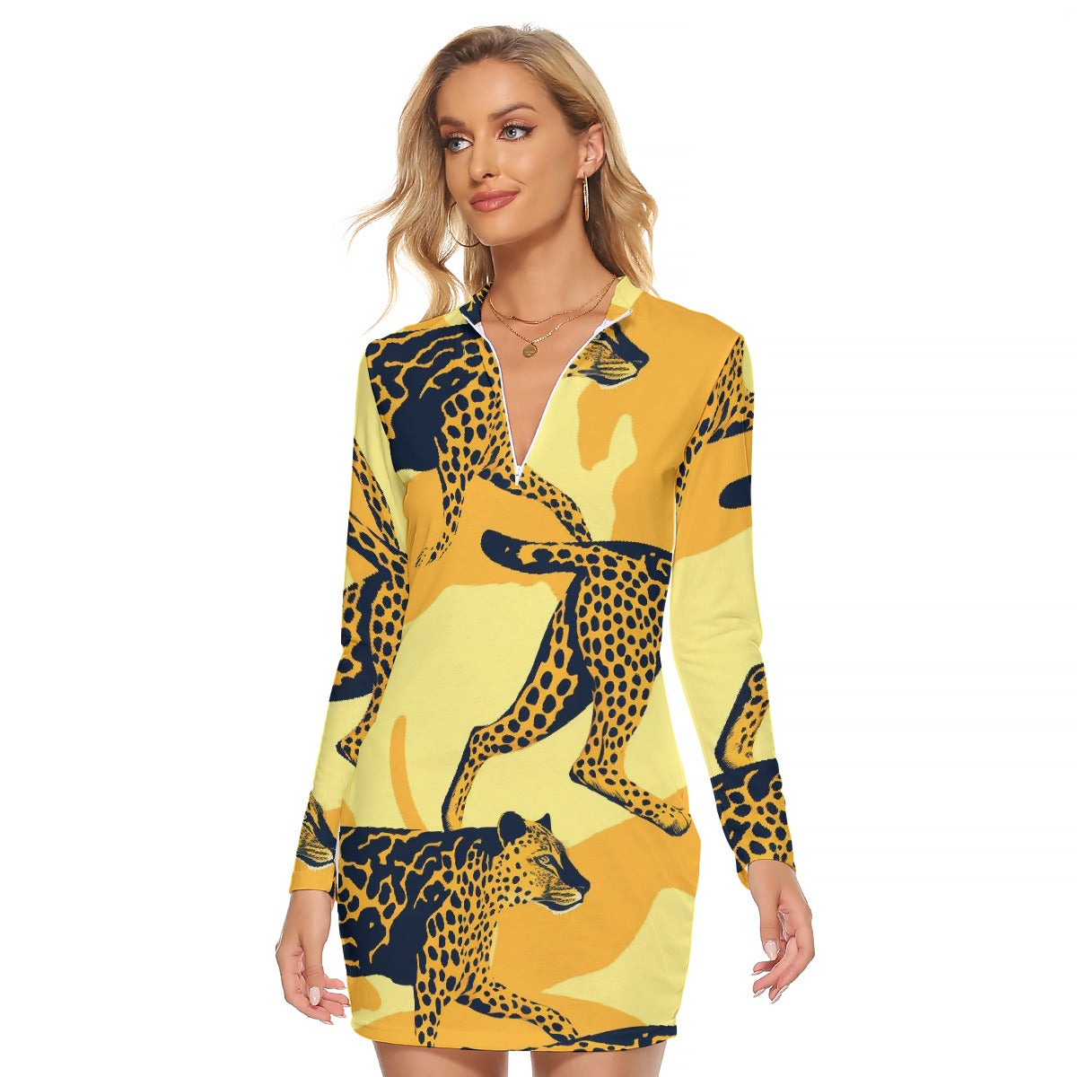 All-Over Print Women's Zip Front Tight Dress