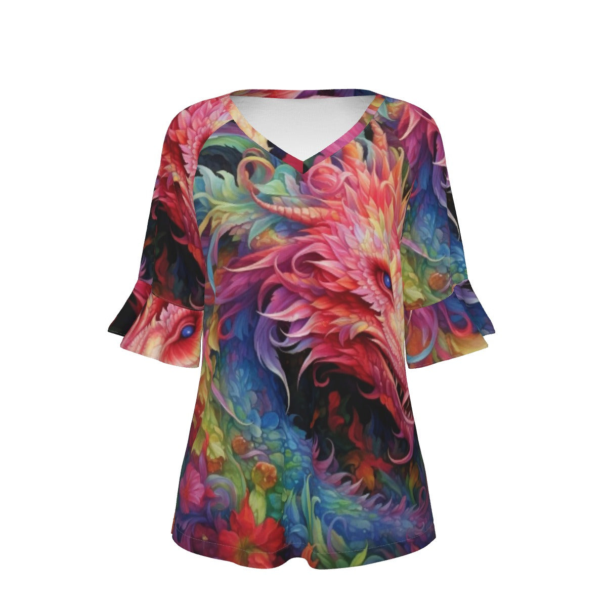 All-Over Print V-neck Women's T-shirt With Bell Sleeve