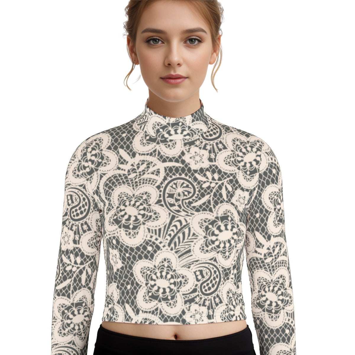 Eco-Friendly All-Over Print Women's Turtleneck T-shirt With Long Sleeve