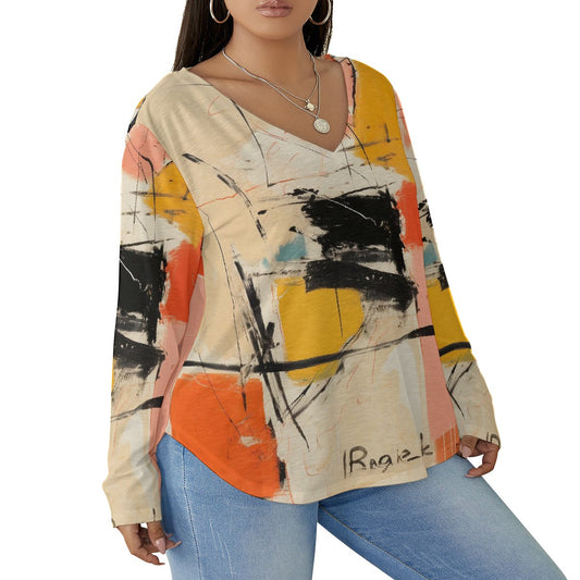 All-Over Print Women's V-neck T-shirt With Curved Hem(Plus Size)