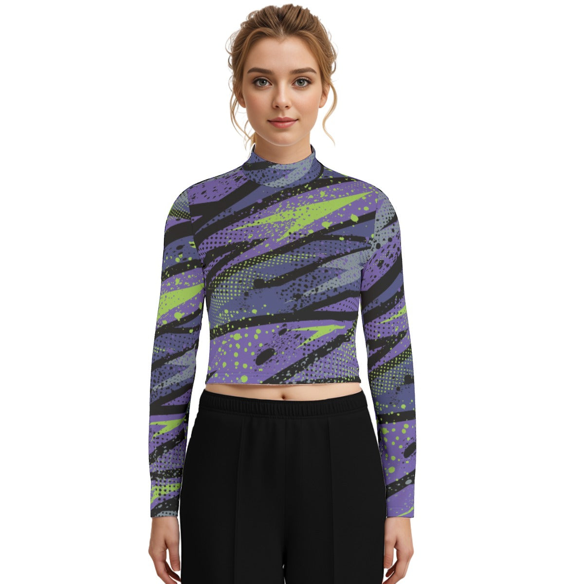 Eco-Friendly All-Over Print Women's Turtleneck T-shirt With Long Sleeve