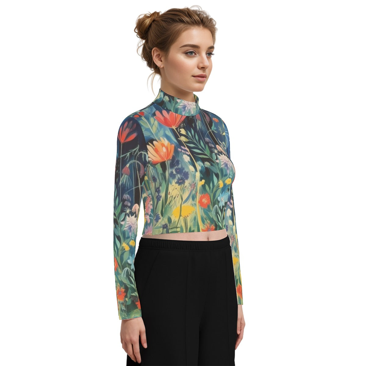 Eco-Friendly All-Over Print Women's Turtleneck T-shirt With Long Sleeve