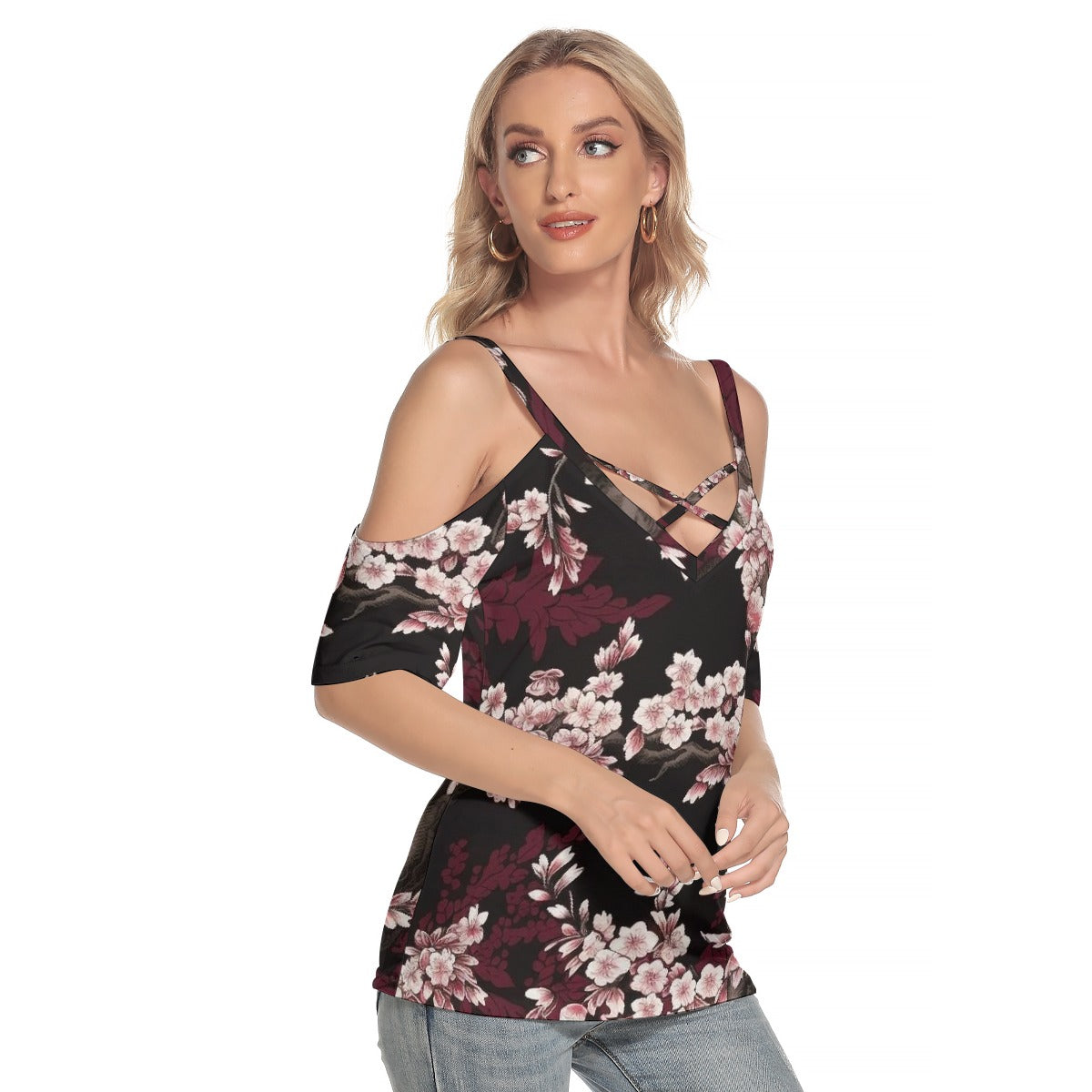 All-Over Print Women's Cold Shoulder T-shirt With Criss Cross Strips