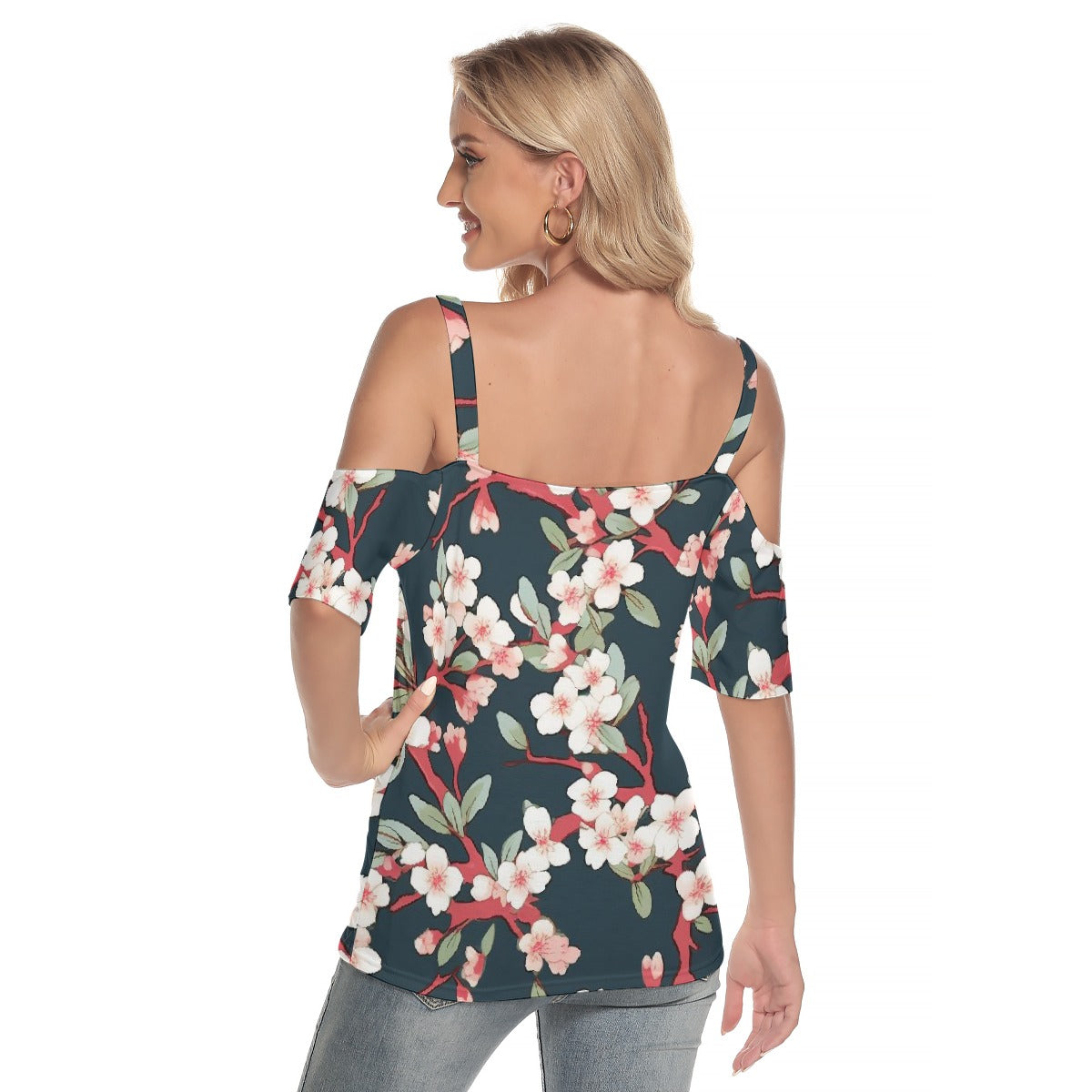 All-Over Print Women's Cold Shoulder T-shirt With Criss Cross Strips