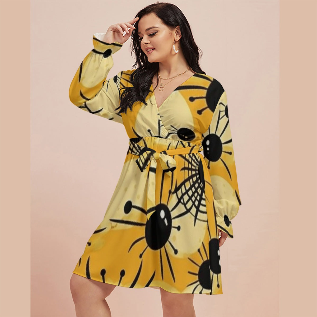 All-Over Print Women's V-neck Dress With Waistband(Plus Size)