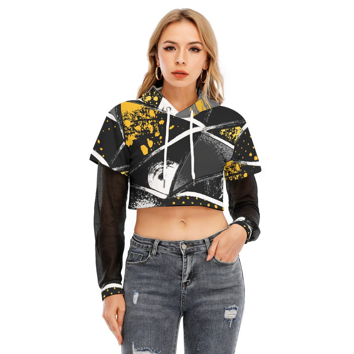 All-Over Print Women's Fake Two-piece Mesh Sleeve Cropped Hoodie