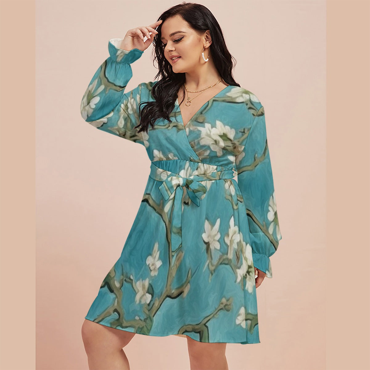 All-Over Print Women's V-neck Dress With Waistband(Plus Size)