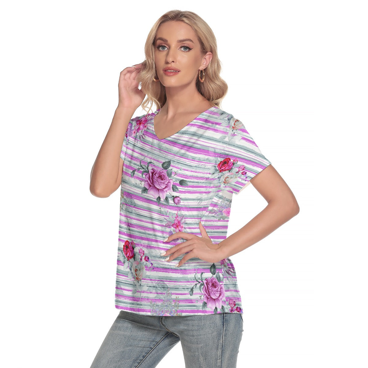 All-Over Print Women's Loose V-neck Short Sleeve T-shirt