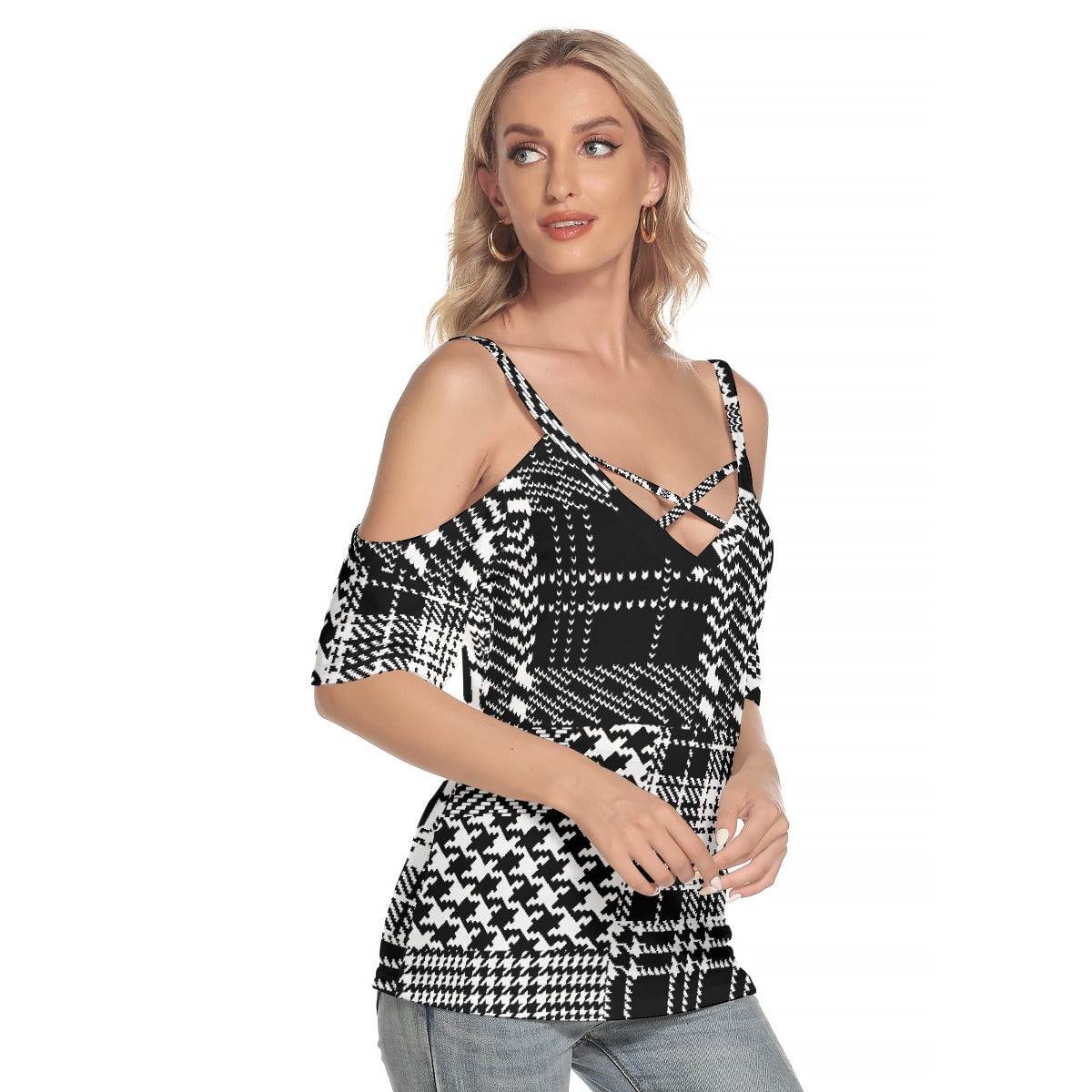 All-Over Print Women's Cold Shoulder T-shirt With Criss Cross Strips