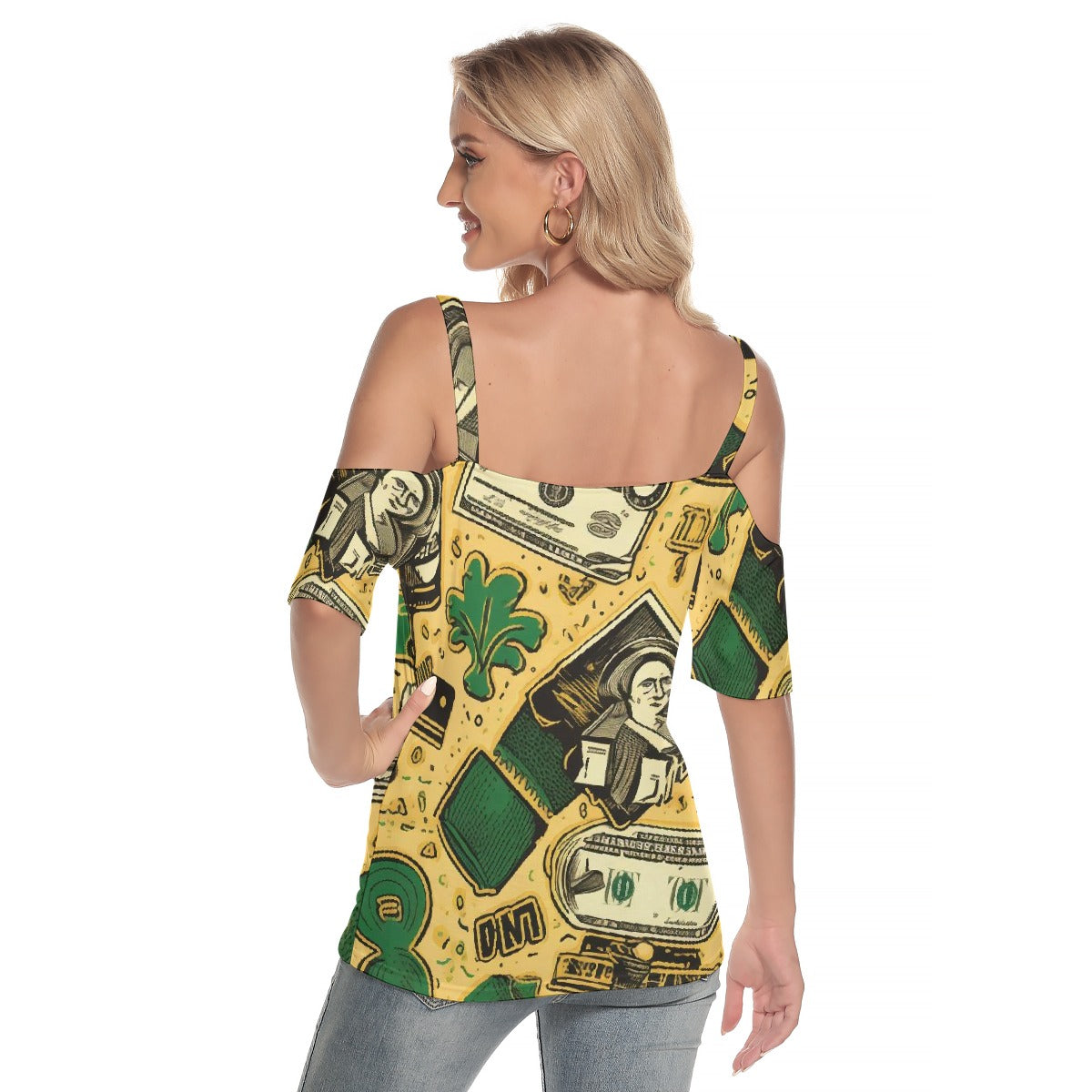 All-Over Print Women's Cold Shoulder T-shirt With Criss Cross Strips