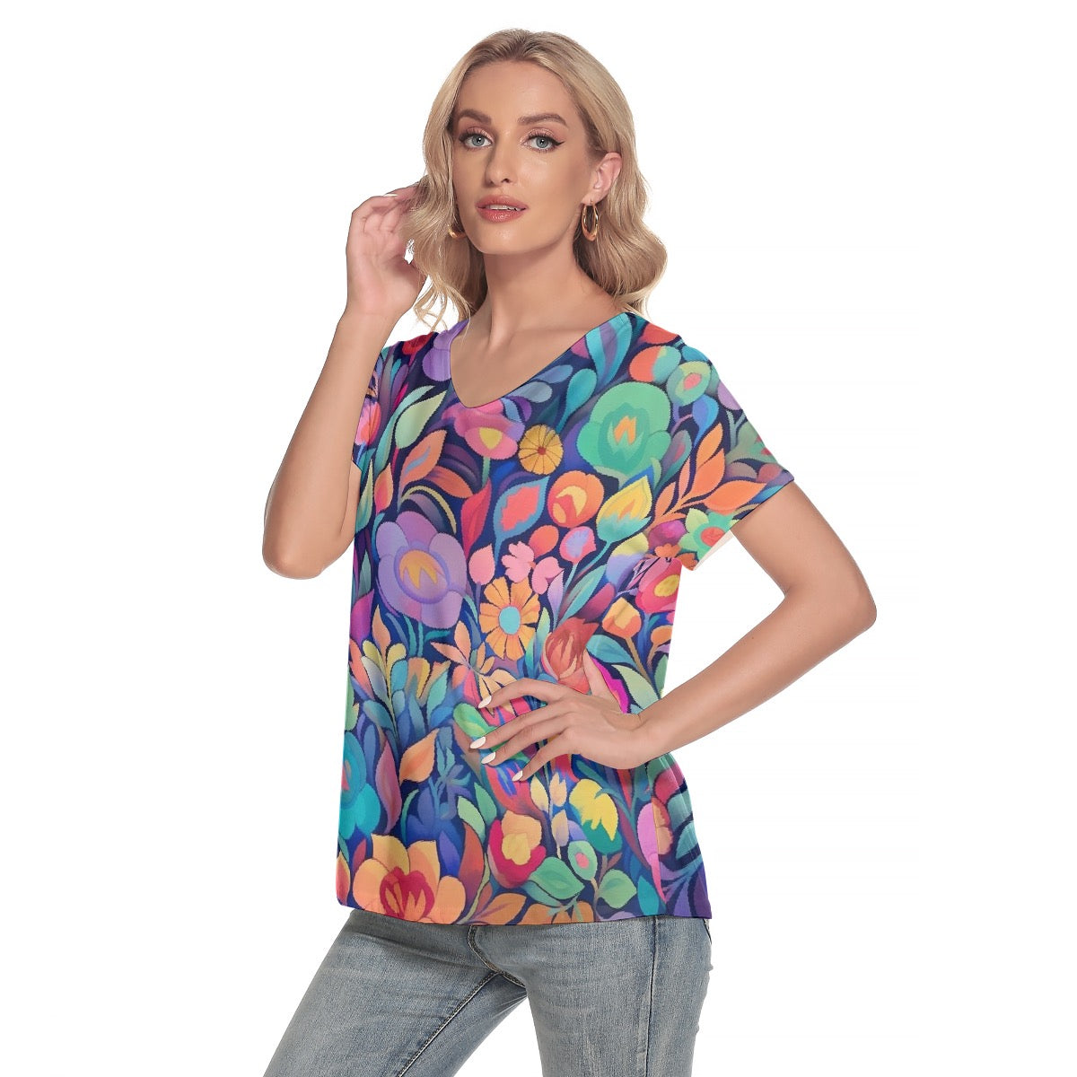 All-Over Print Women's Loose V-neck Short Sleeve T-shirt