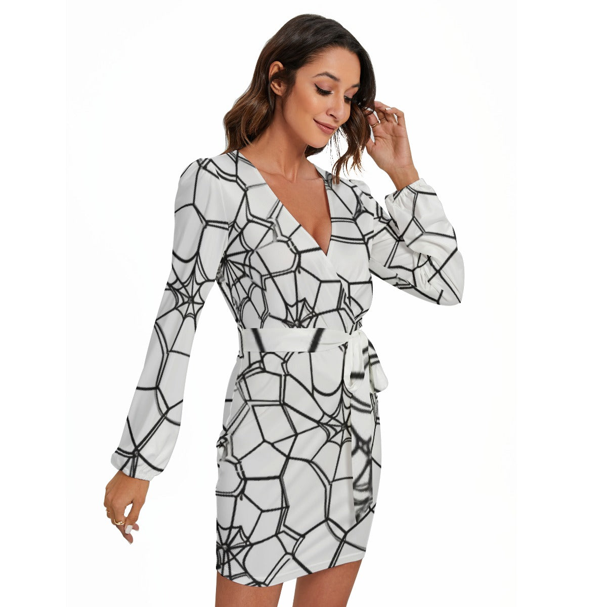 All-Over Print Women's Long Sleeve Dress With Waist Belt