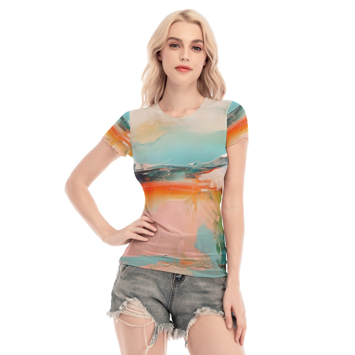 All-Over Print Women's Short Sleeve Mesh Blouse