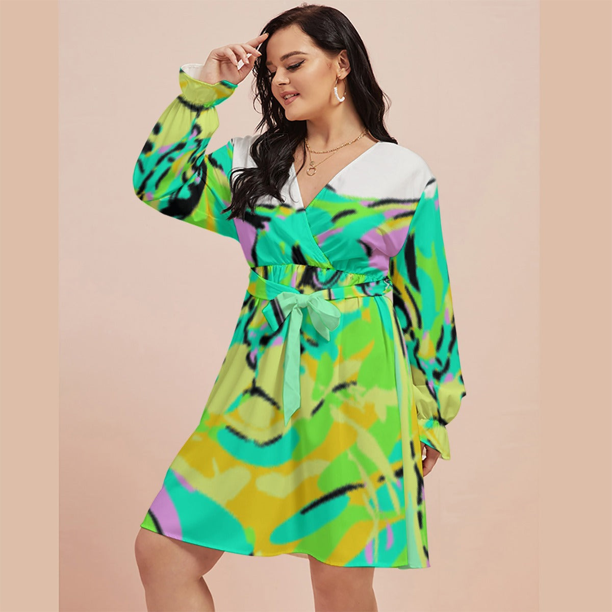 All-Over Print Women's V-neck Dress With Waistband(Plus Size)