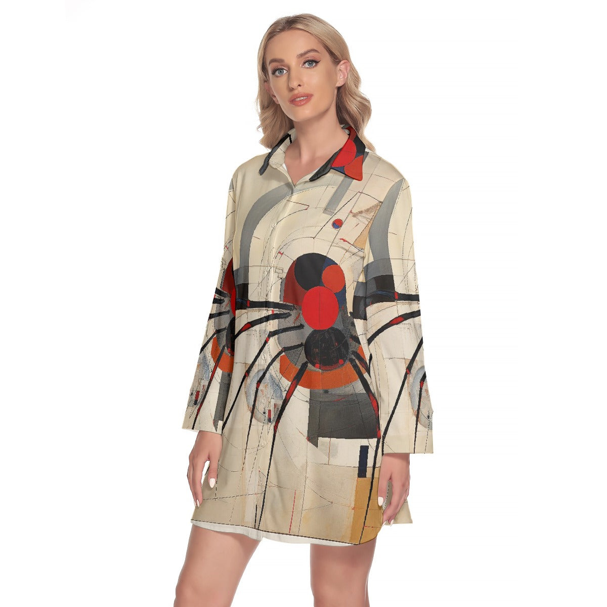 All-Over Print Women's Lapel Shirt Dress With Long Sleeve