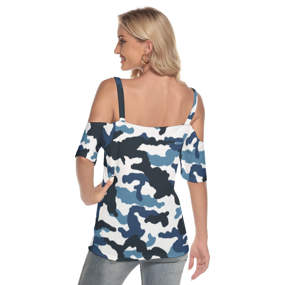 All-Over Print Women's Cold Shoulder T-shirt With Criss Cross Strips