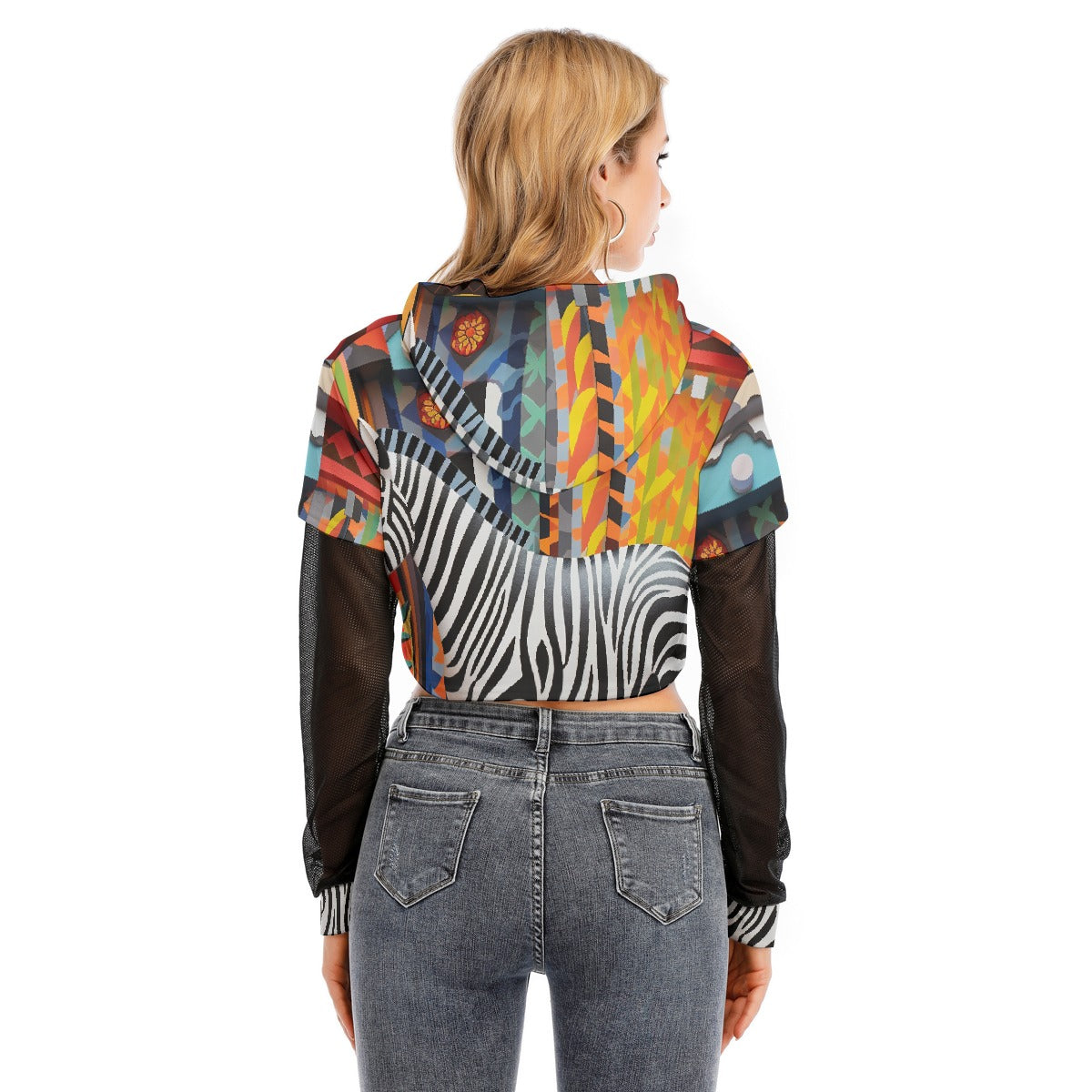 All-Over Print Women's Fake Two-piece Mesh Sleeve Cropped Hoodie