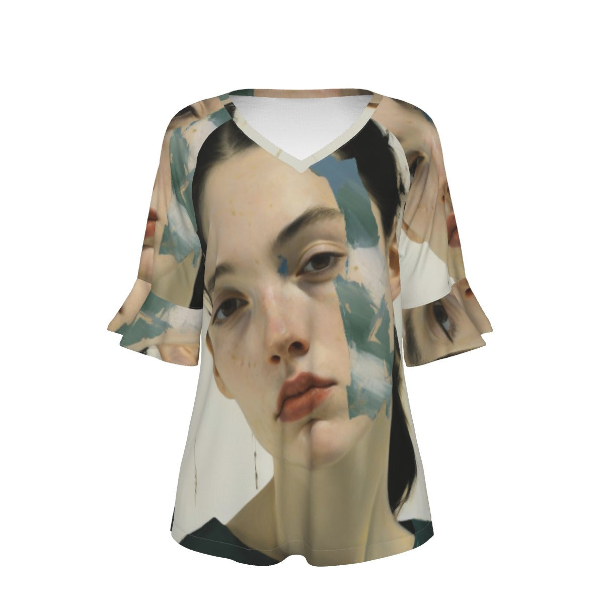 All-Over Print V-neck Women's T-shirt With Bell Sleeve