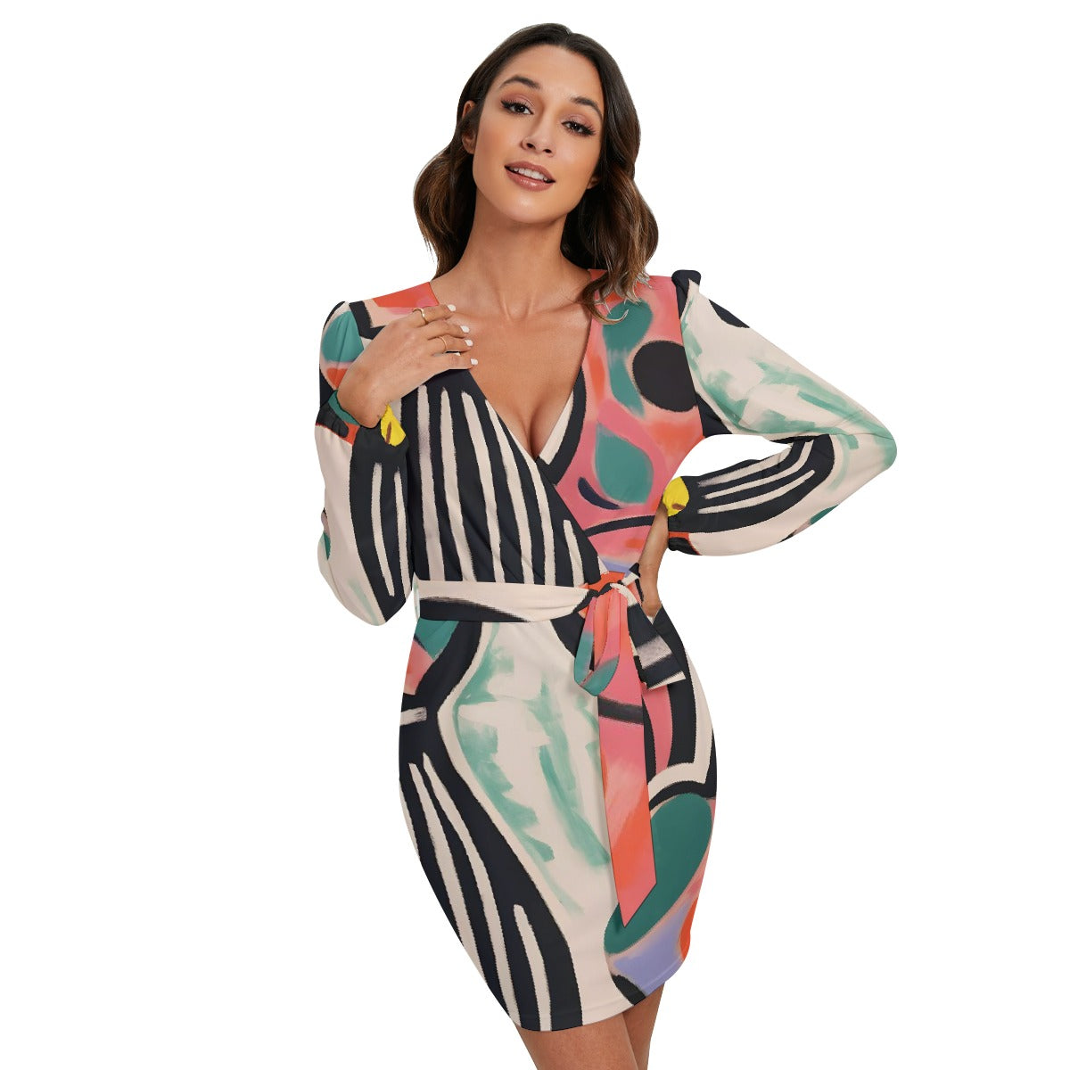 All-Over Print Women's Long Sleeve Dress With Waist Belt