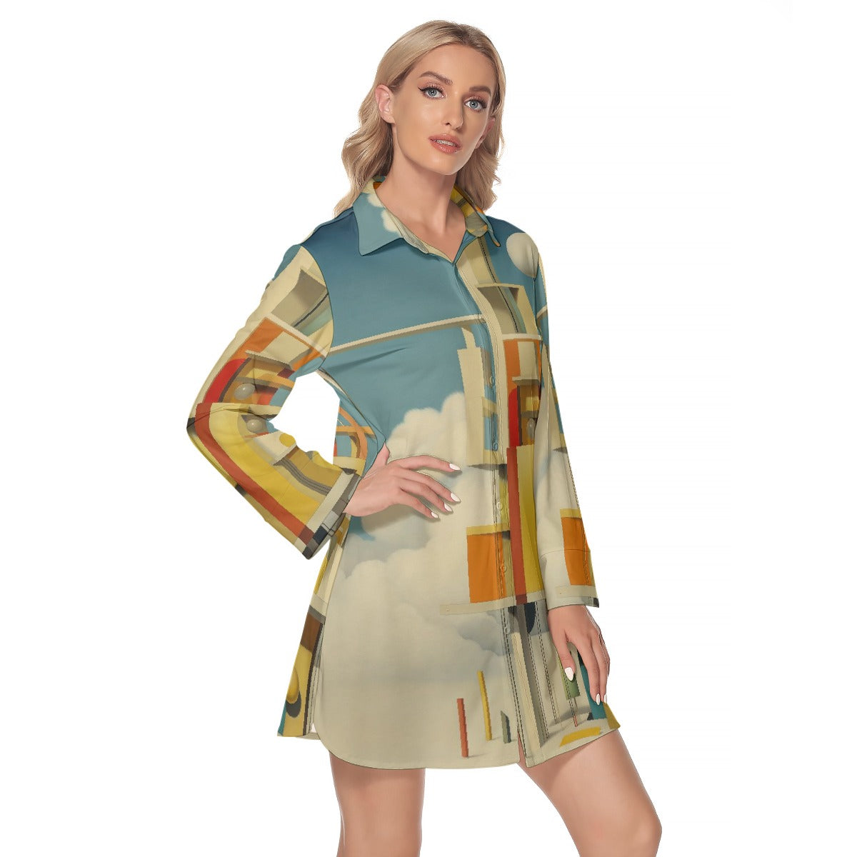 All-Over Print Women's Lapel Shirt Dress With Long Sleeve