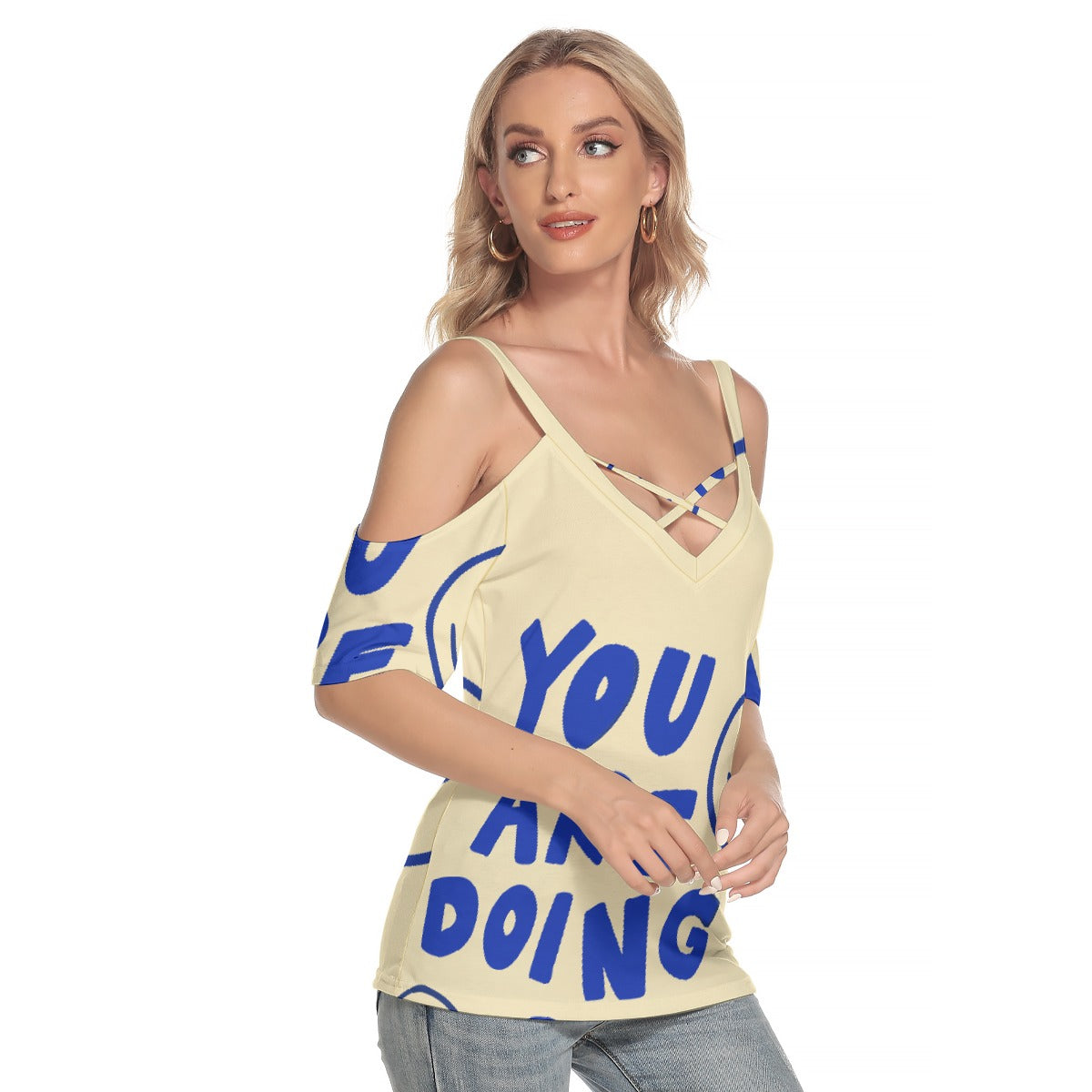 All-Over Print Women's Cold Shoulder T-shirt With Criss Cross Strips