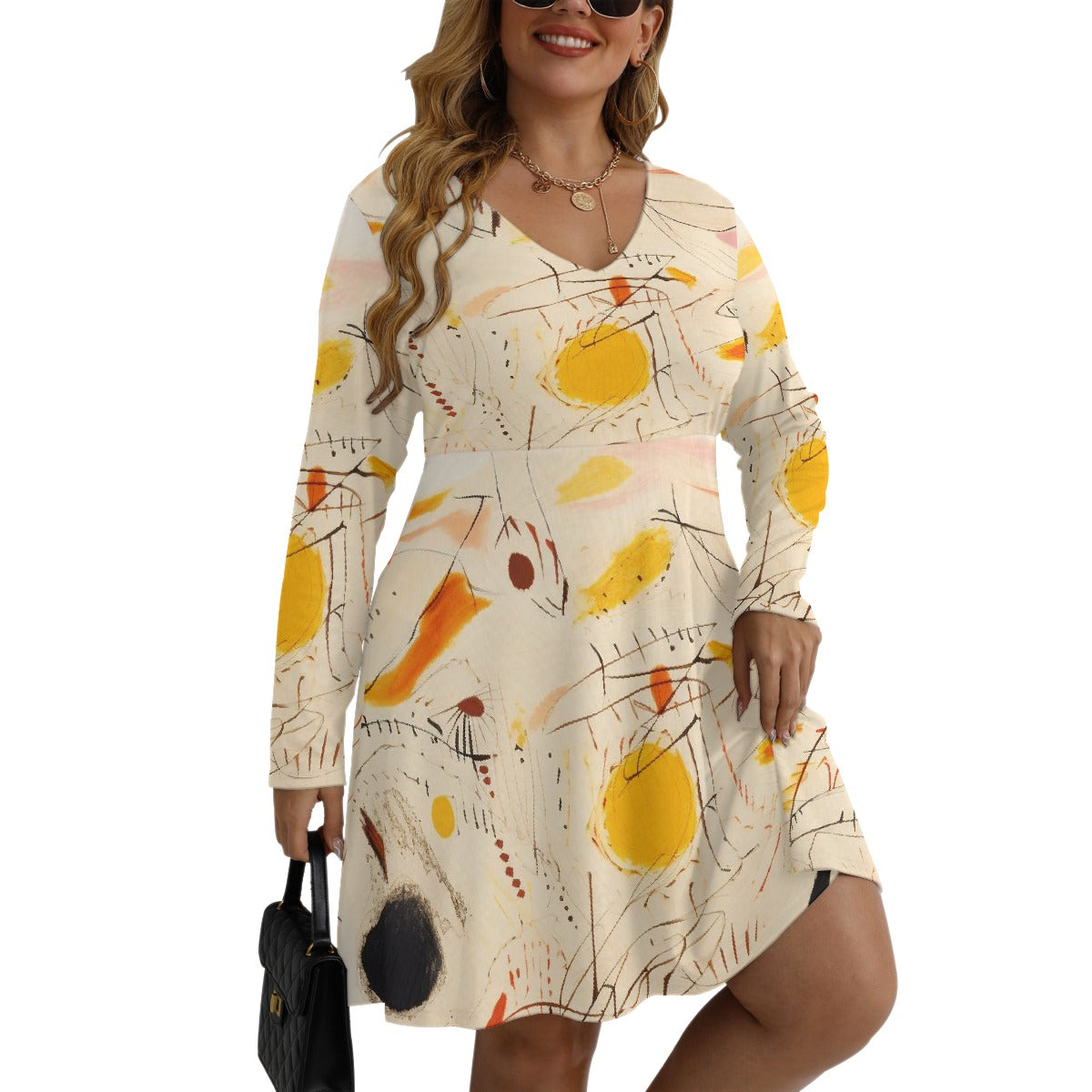 All-Over Print Women's V-neck Long Sleeve Dress(Plus Size)