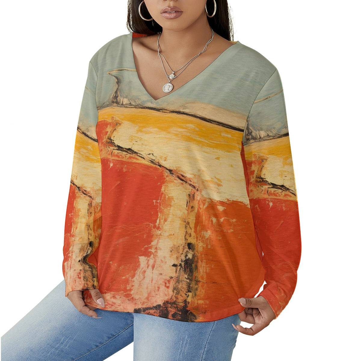 All-Over Print Women's V-neck T-shirt With Curved Hem(Plus Size)