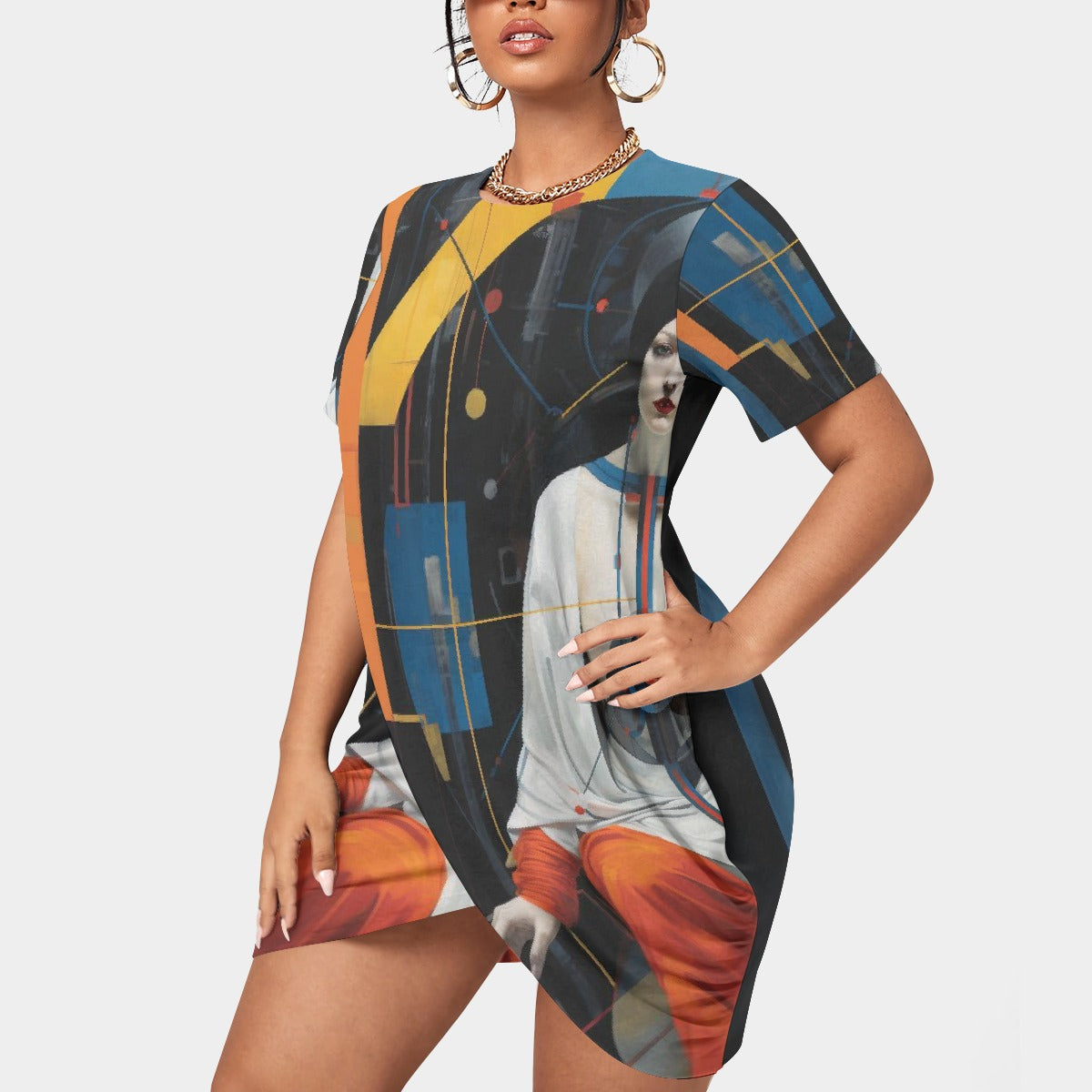 All-Over Print Women’s Stacked Hem Dress With Short Sleeve（Plus Size）