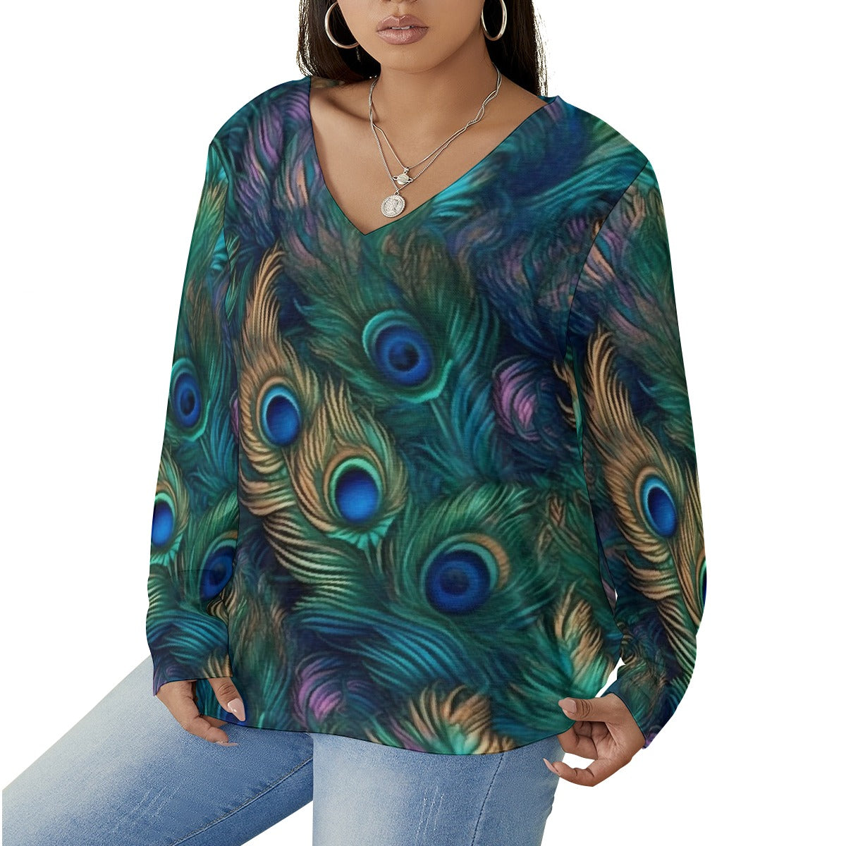 All-Over Print Women's V-neck T-shirt With Curved Hem(Plus Size)