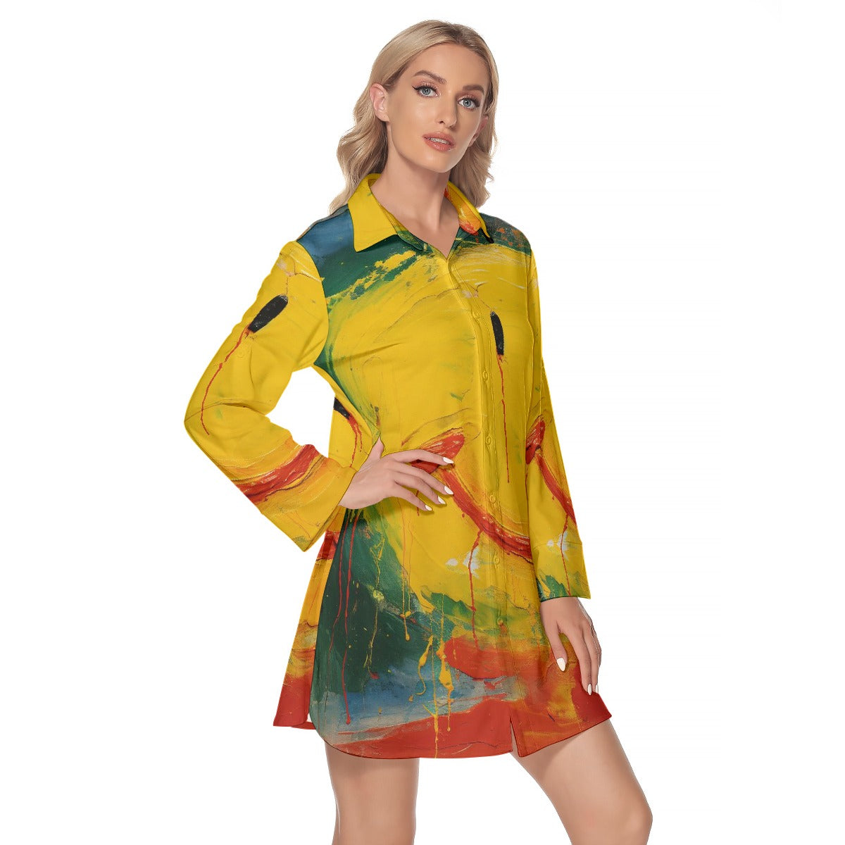 All-Over Print Women's Lapel Shirt Dress With Long Sleeve