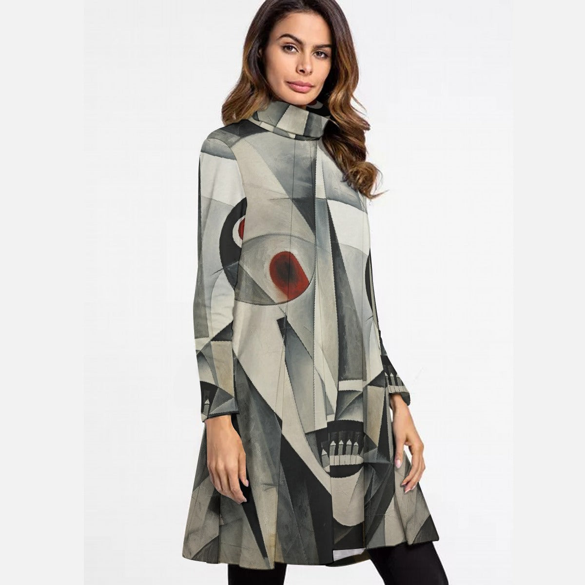 All-Over Print Women's High Neck Dress With Long Sleeve