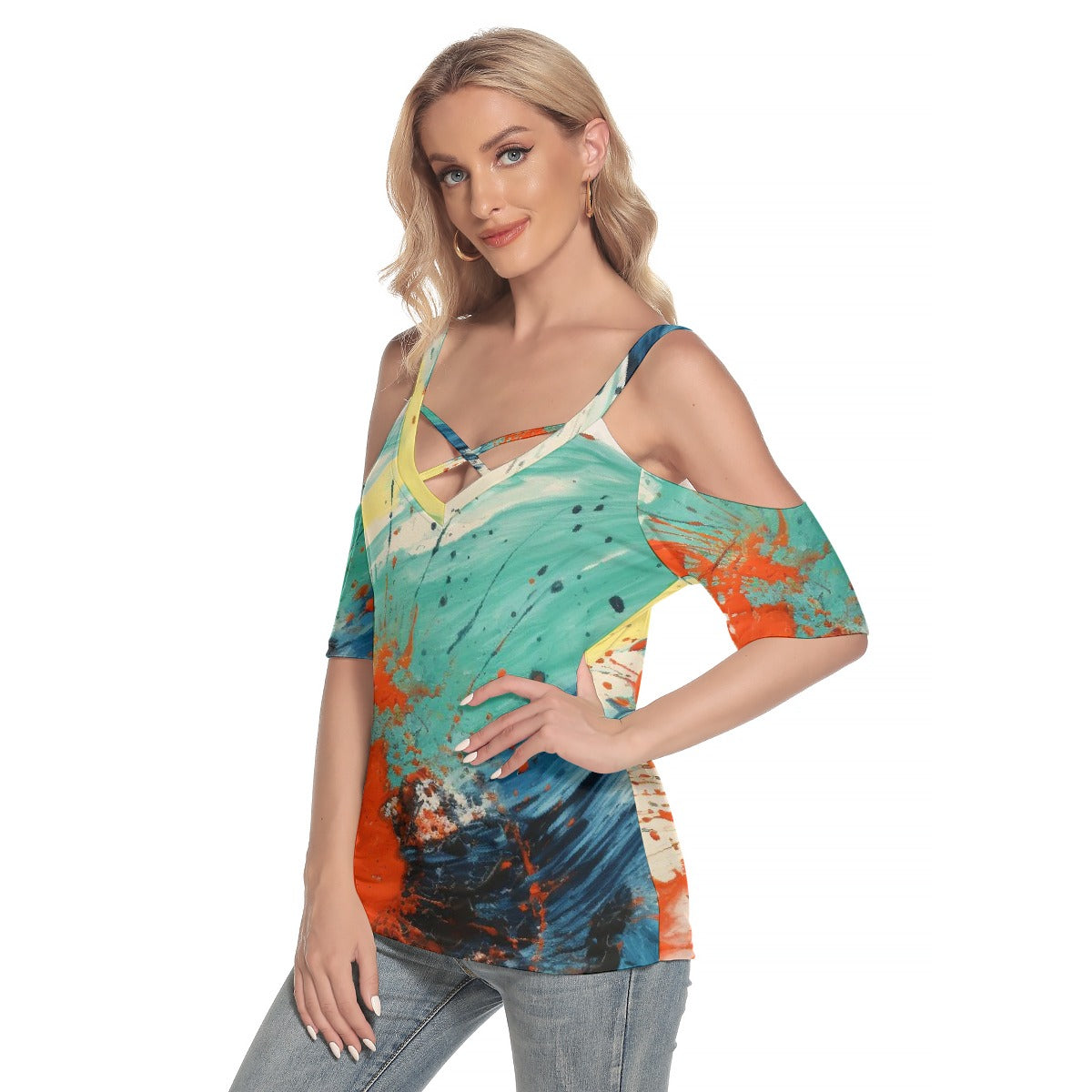 All-Over Print Women's Cold Shoulder T-shirt With Criss Cross Strips