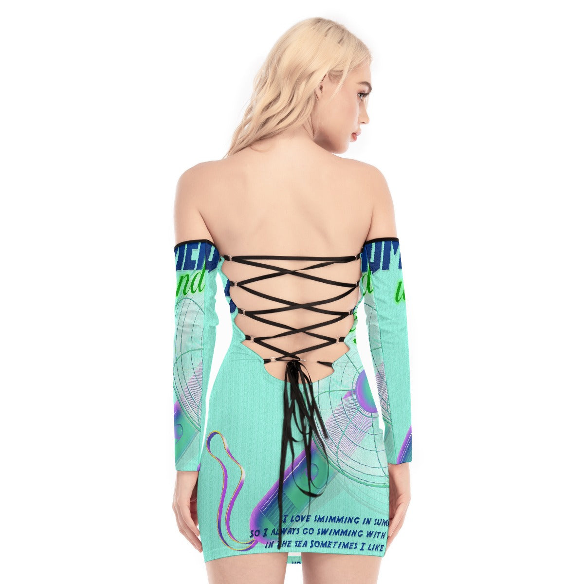 All-Over Print Women's Off-shoulder Back Lace-up Dress