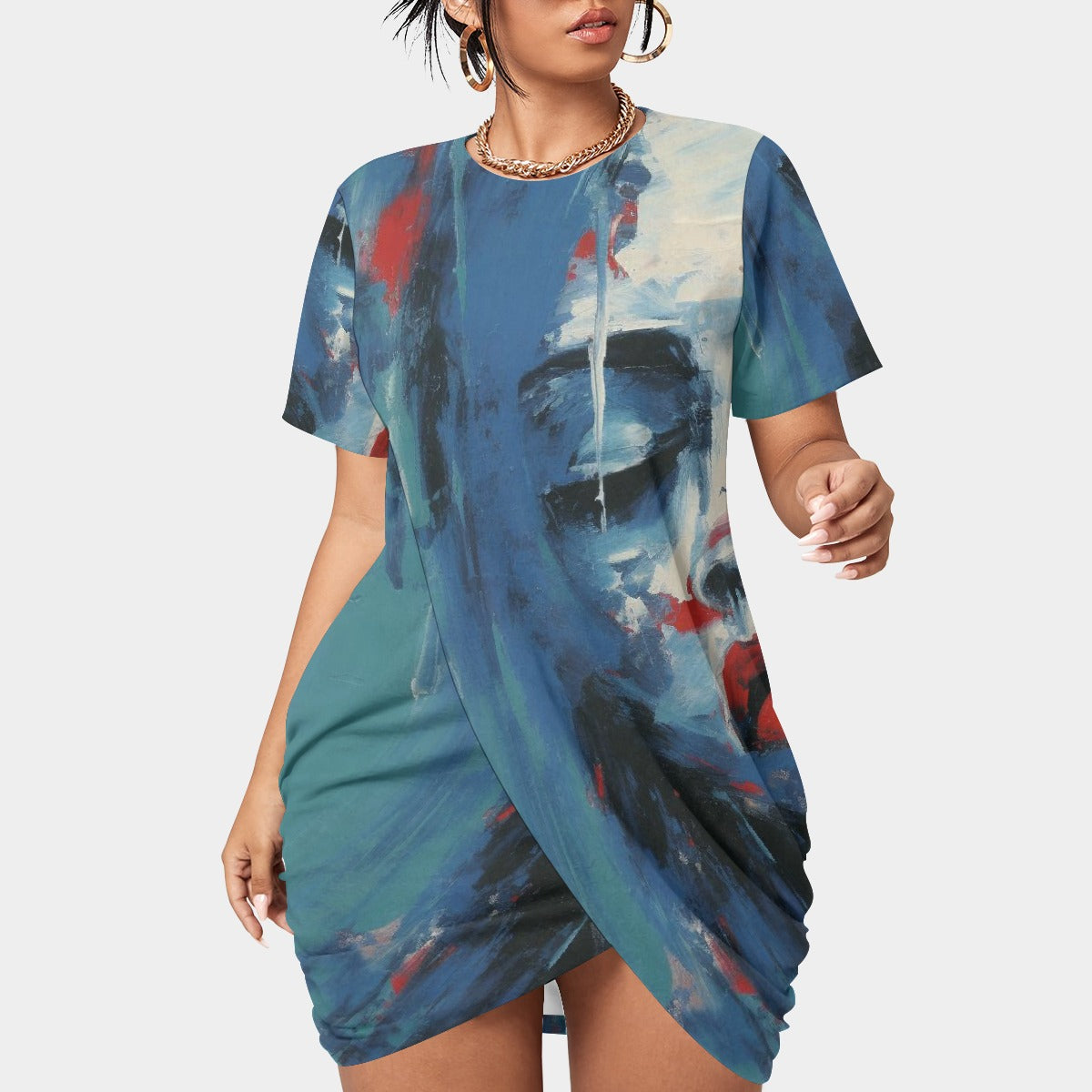 All-Over Print Women’s Stacked Hem Dress With Short Sleeve（Plus Size）